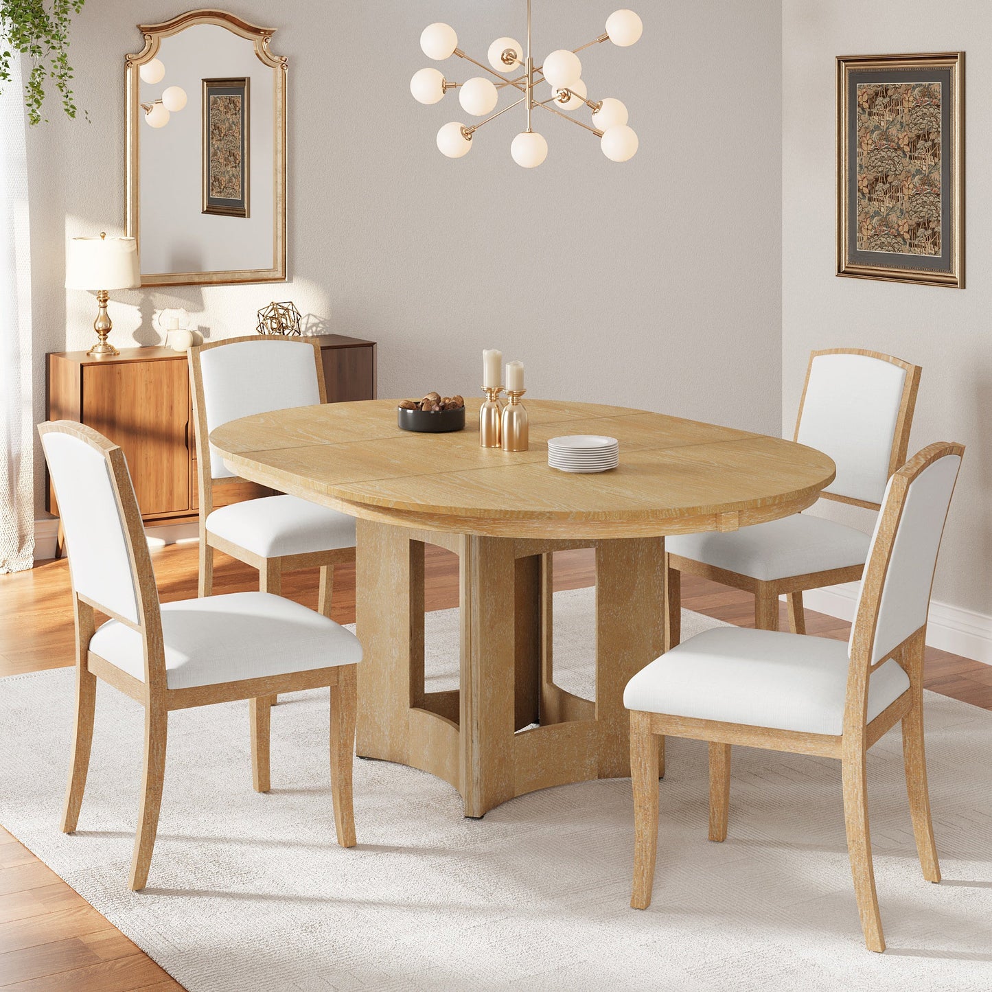TOPMAX Farmhouse Extendable Round Dining Table Set for 4, 5 - Piece Kitchen Table Set with 4 Upholstered Chairs and 16inch Removable Leaf for Small Places, Natural+Beige - 1st Choice Furniture Direct