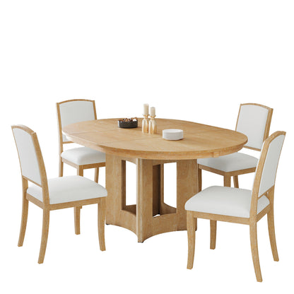 TOPMAX Farmhouse Extendable Round Dining Table Set for 4, 5 - Piece Kitchen Table Set with 4 Upholstered Chairs and 16inch Removable Leaf for Small Places, Natural+Beige - 1st Choice Furniture Direct