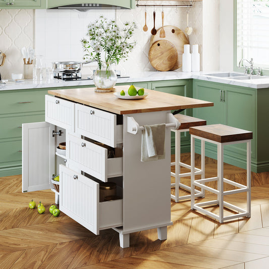 TOPMAX Farmhouse Kitchen Island Set with Drop Leaf and 2 Seatings,Dining Table Set with Storage Cabinet, Drawers and Towel Rack, White+Rustic Brown - 1st Choice Furniture Direct