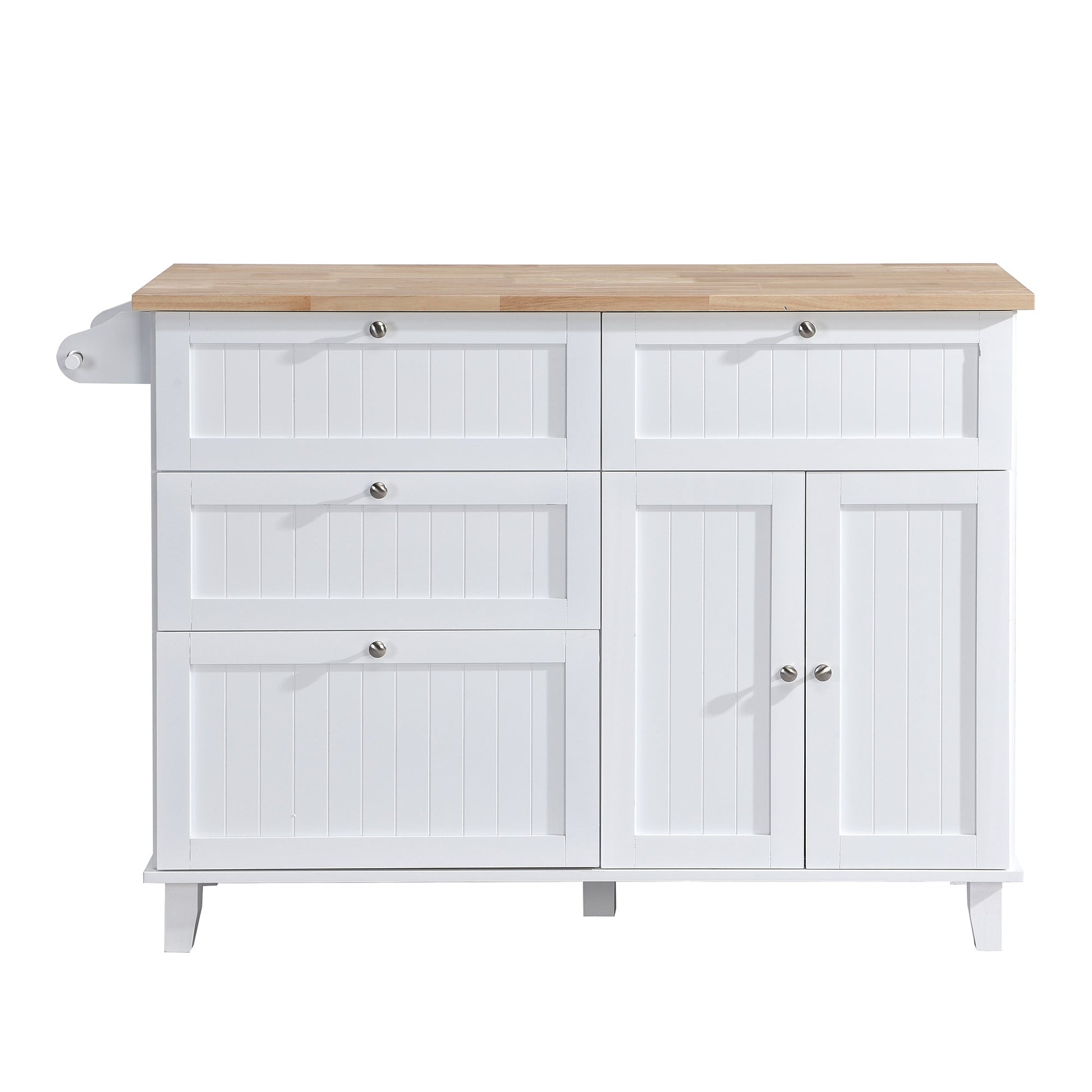 TOPMAX Farmhouse Kitchen Island Set with Drop Leaf and 2 Seatings,Dining Table Set with Storage Cabinet, Drawers and Towel Rack, White+Rustic Brown - 1st Choice Furniture Direct