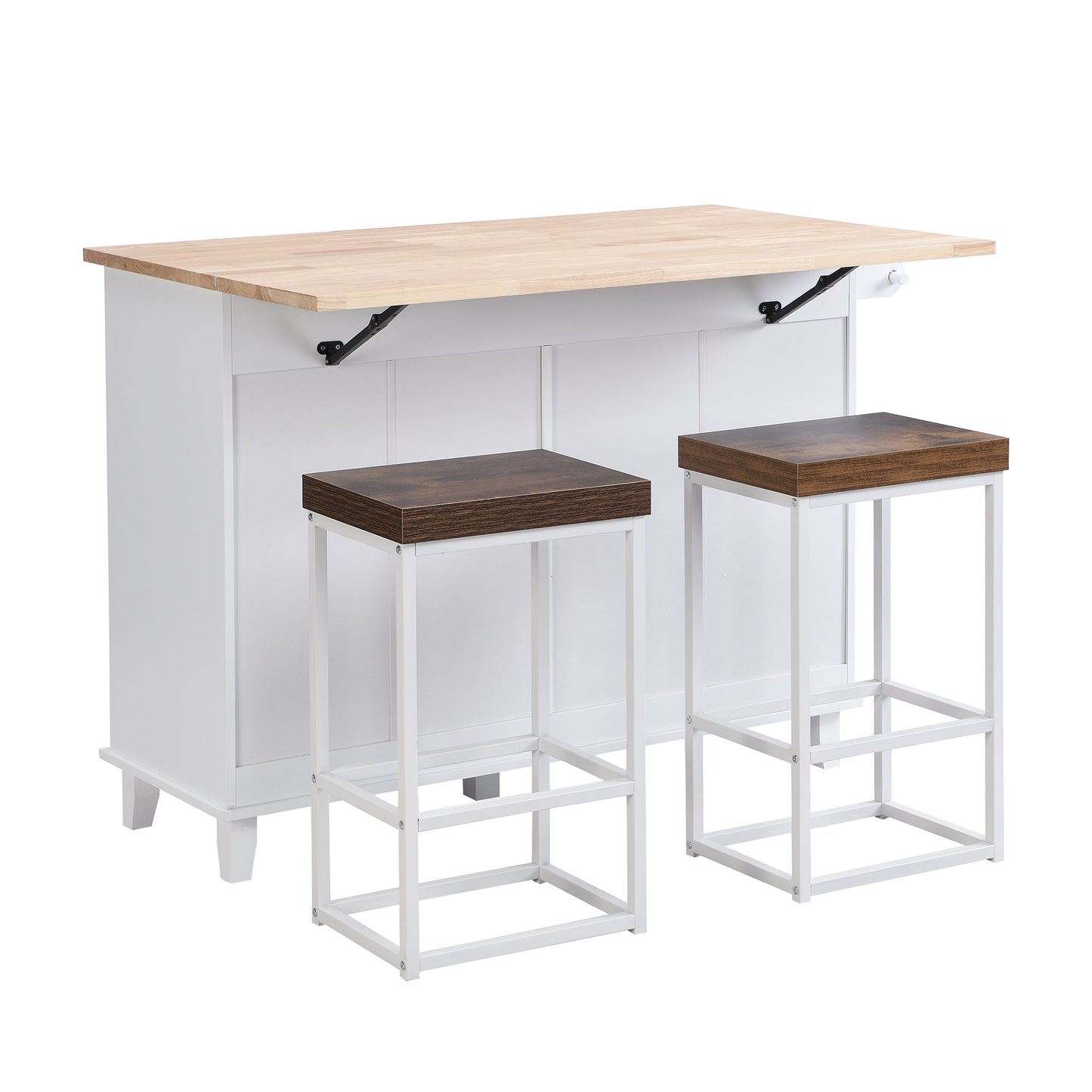 TOPMAX Farmhouse Kitchen Island Set with Drop Leaf and 2 Seatings,Dining Table Set with Storage Cabinet, Drawers and Towel Rack, White+Rustic Brown - 1st Choice Furniture Direct
