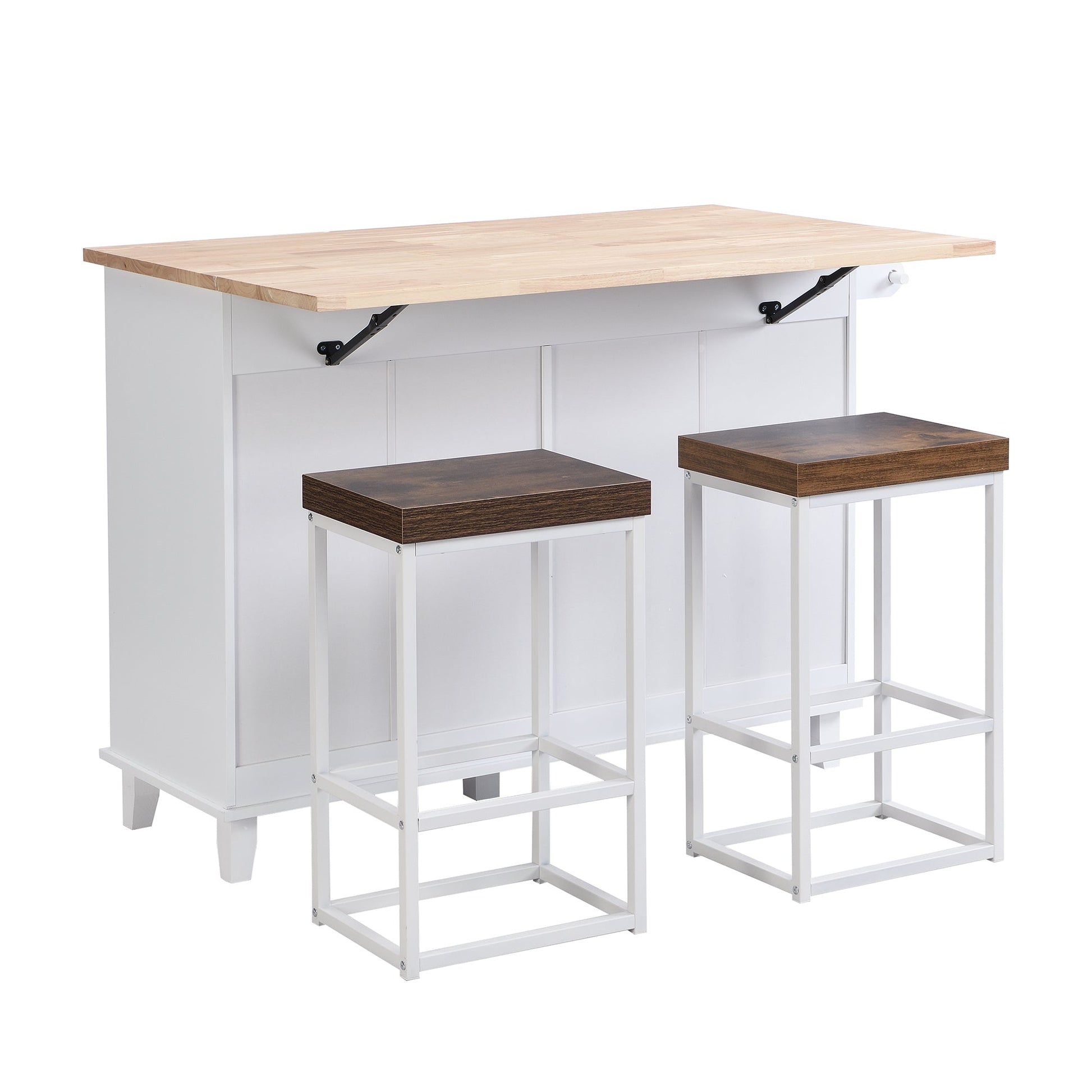 TOPMAX Farmhouse Kitchen Island Set with Drop Leaf and 2 Seatings,Dining Table Set with Storage Cabinet, Drawers and Towel Rack, White+Rustic Brown - 1st Choice Furniture Direct