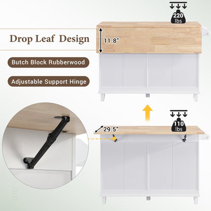 TOPMAX Farmhouse Kitchen Island Set with Drop Leaf and 2 Seatings,Dining Table Set with Storage Cabinet, Drawers and Towel Rack, White+Rustic Brown - 1st Choice Furniture Direct