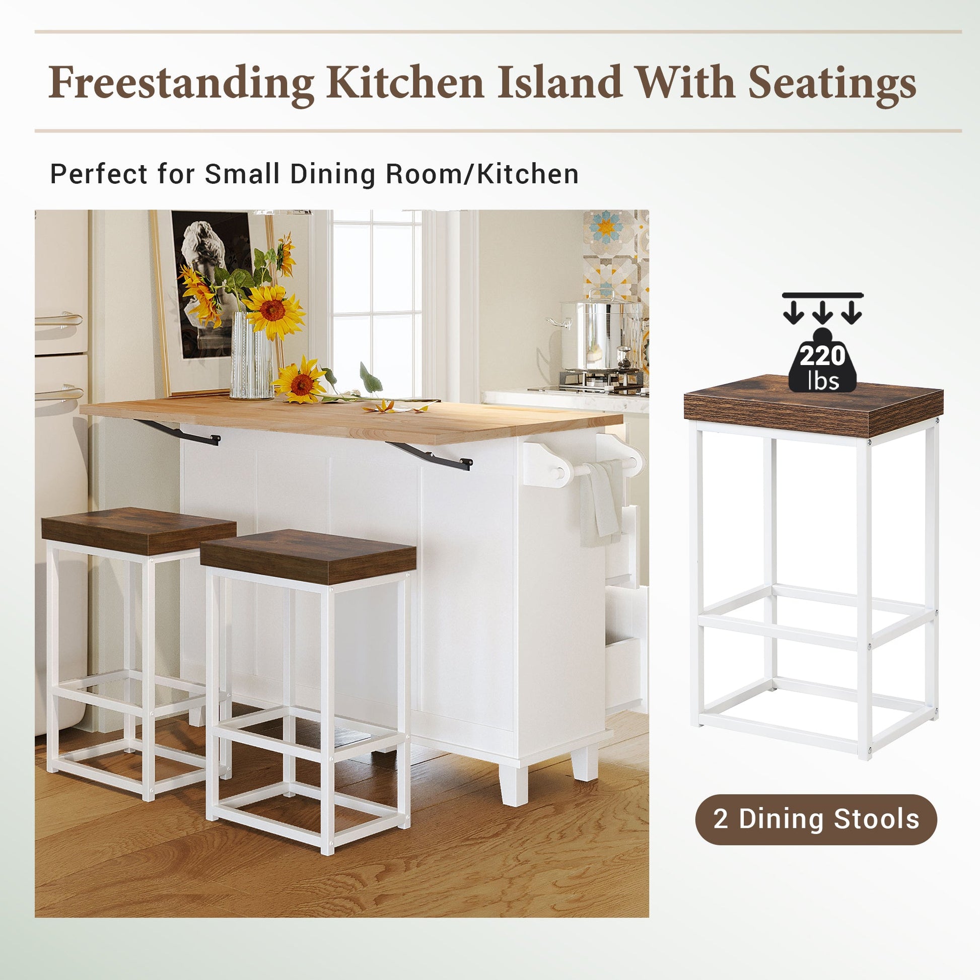 TOPMAX Farmhouse Kitchen Island Set with Drop Leaf and 2 Seatings,Dining Table Set with Storage Cabinet, Drawers and Towel Rack, White+Rustic Brown - 1st Choice Furniture Direct