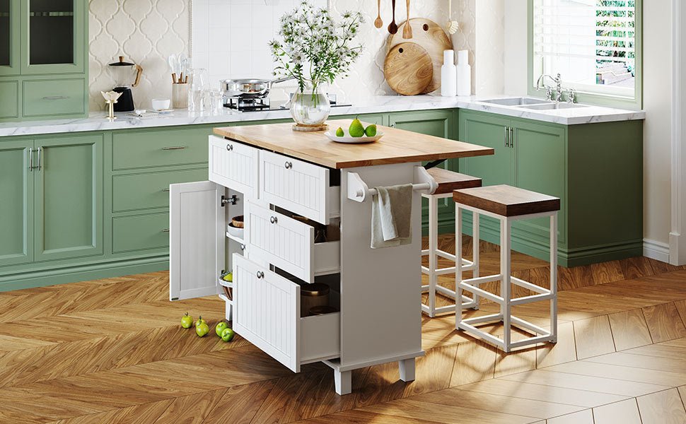 TOPMAX Farmhouse Kitchen Island Set with Drop Leaf and 2 Seatings,Dining Table Set with Storage Cabinet, Drawers and Towel Rack, White+Rustic Brown - 1st Choice Furniture Direct