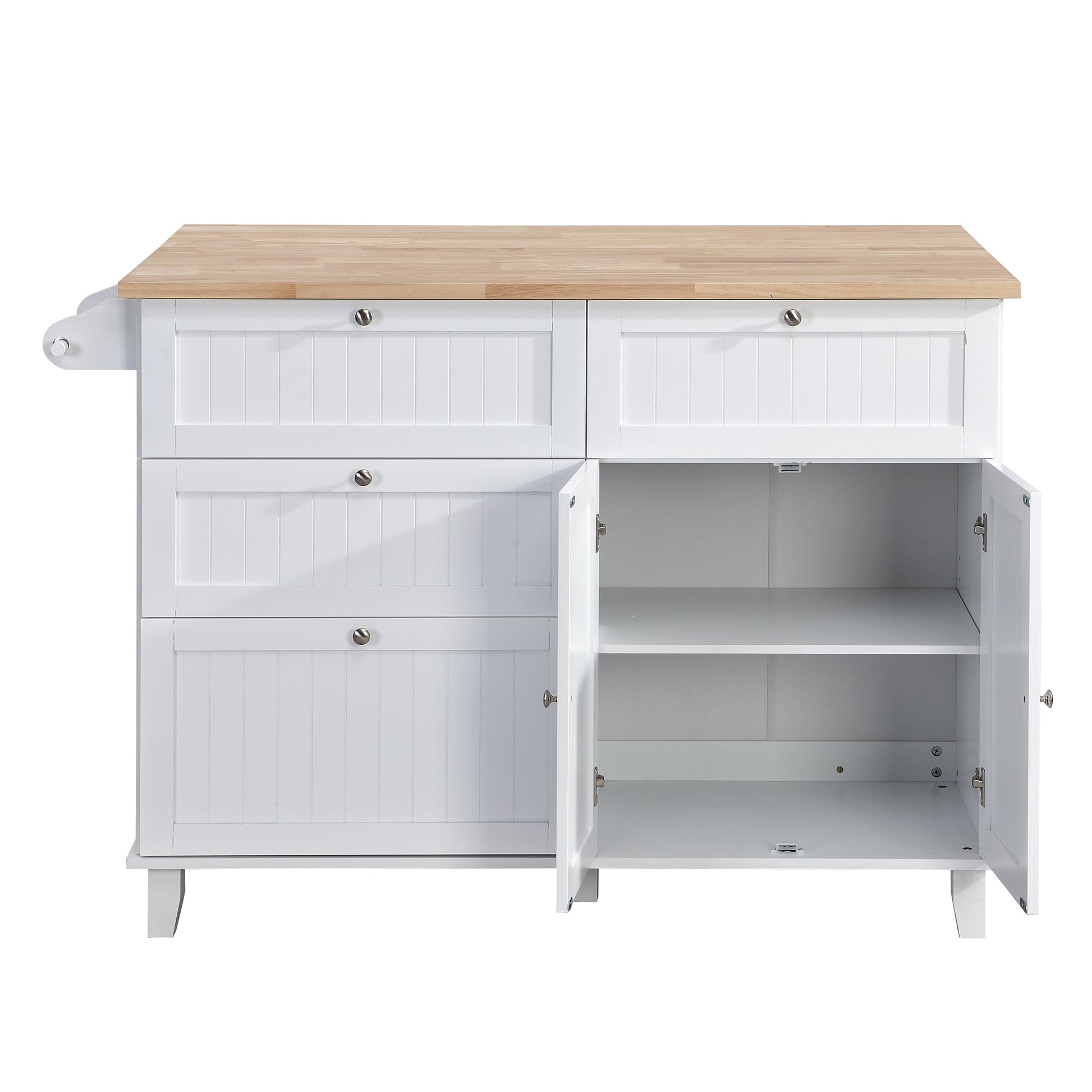 TOPMAX Farmhouse Kitchen Island Set with Drop Leaf and 2 Seatings,Dining Table Set with Storage Cabinet, Drawers and Towel Rack, White+Rustic Brown - 1st Choice Furniture Direct