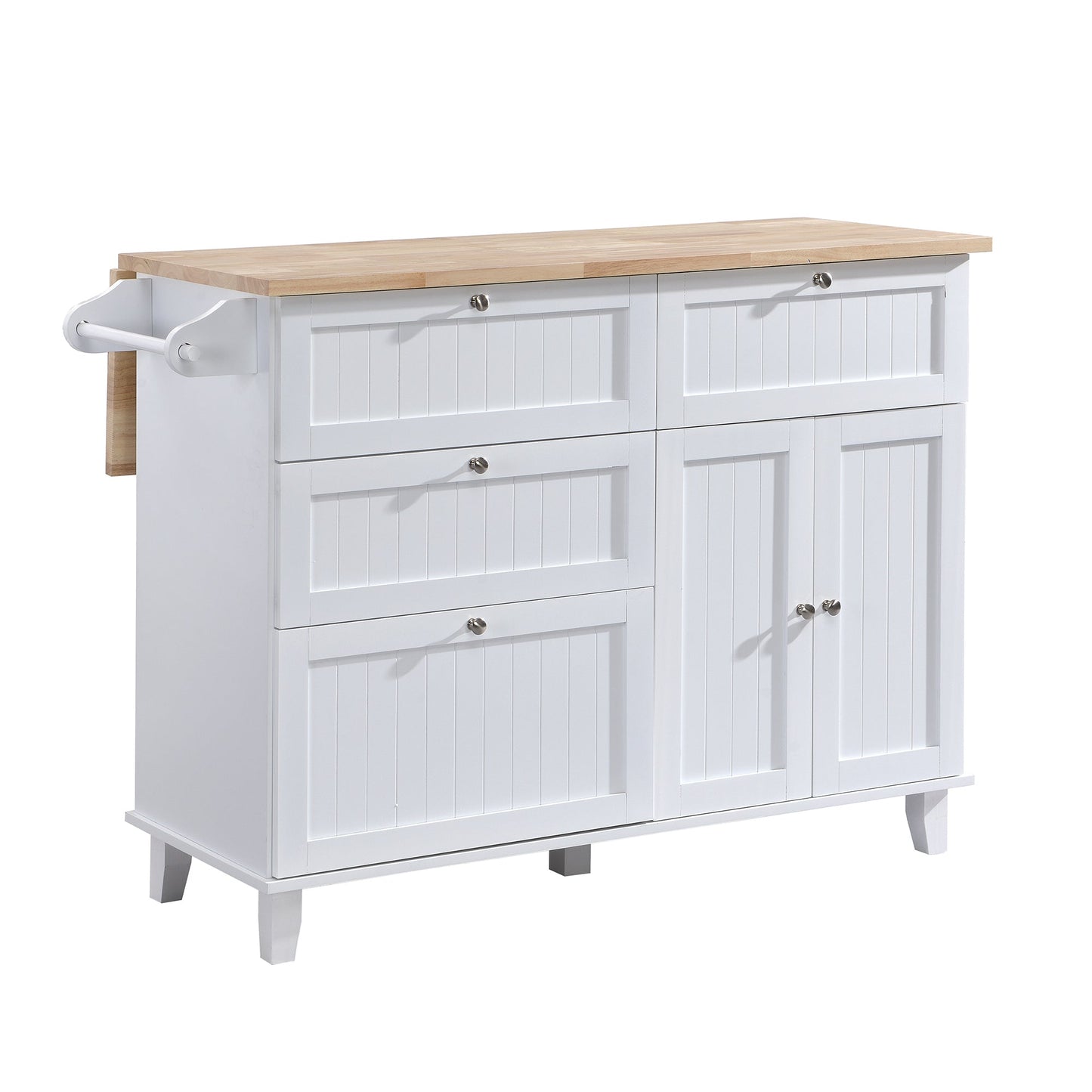 TOPMAX Farmhouse Kitchen Island Set with Drop Leaf and 2 Seatings,Dining Table Set with Storage Cabinet, Drawers and Towel Rack, White+Rustic Brown - 1st Choice Furniture Direct