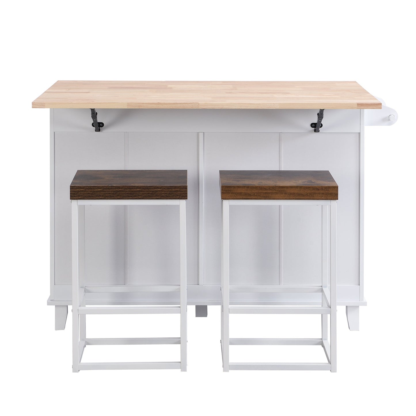 TOPMAX Farmhouse Kitchen Island Set with Drop Leaf and 2 Seatings,Dining Table Set with Storage Cabinet, Drawers and Towel Rack, White+Rustic Brown - 1st Choice Furniture Direct