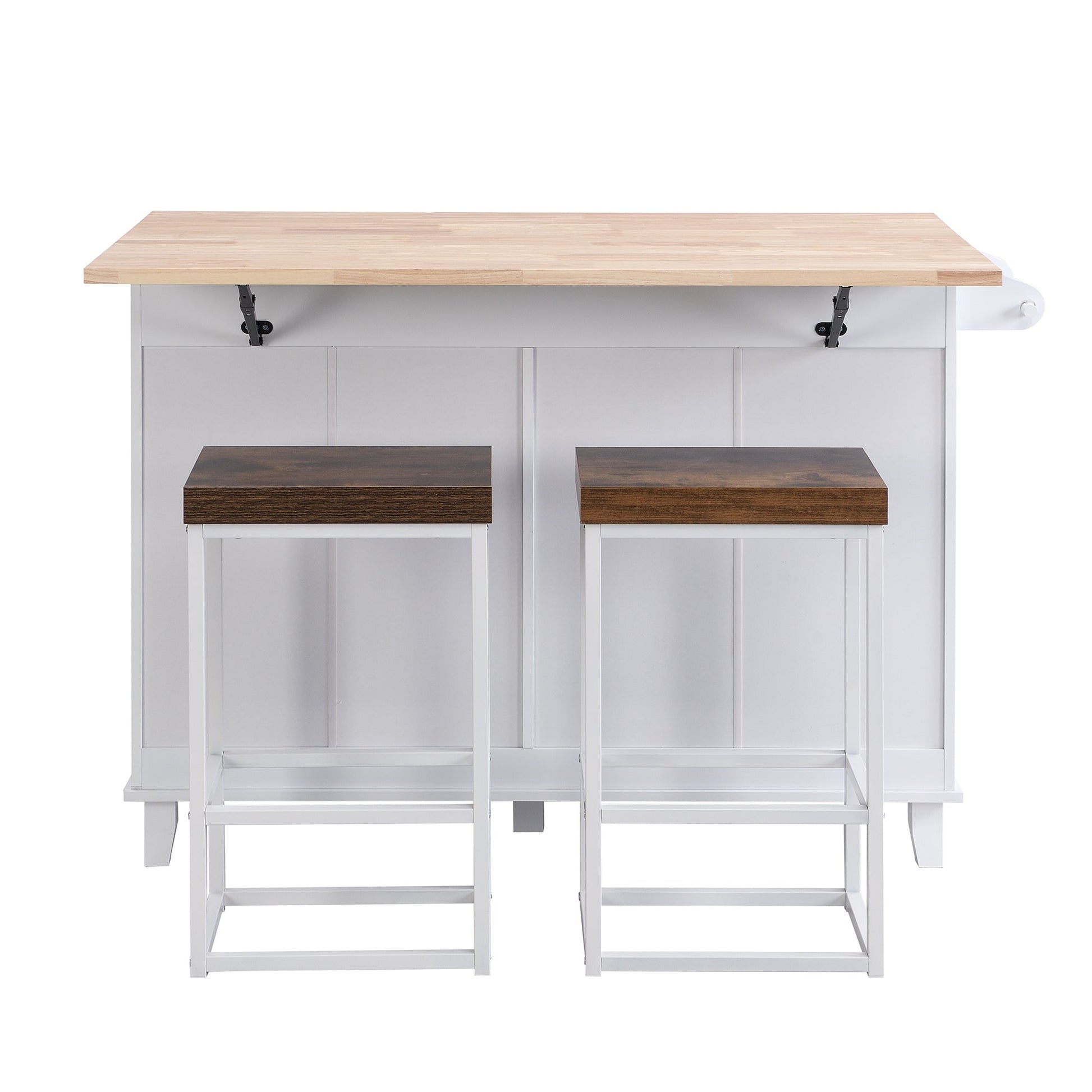 TOPMAX Farmhouse Kitchen Island Set with Drop Leaf and 2 Seatings,Dining Table Set with Storage Cabinet, Drawers and Towel Rack, White+Rustic Brown - 1st Choice Furniture Direct