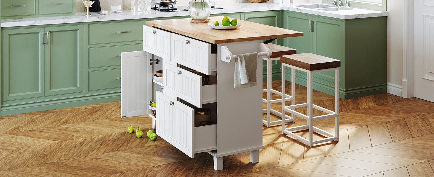 TOPMAX Farmhouse Kitchen Island Set with Drop Leaf and 2 Seatings,Dining Table Set with Storage Cabinet, Drawers and Towel Rack, White+Rustic Brown - 1st Choice Furniture Direct