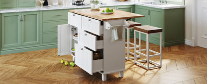 TOPMAX Farmhouse Kitchen Island Set with Drop Leaf and 2 Seatings,Dining Table Set with Storage Cabinet, Drawers and Towel Rack, White+Rustic Brown - 1st Choice Furniture Direct
