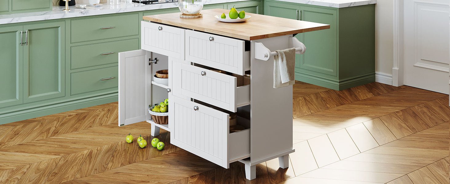 TOPMAX Farmhouse Kitchen Island Set with Drop Leaf and 2 Seatings,Dining Table Set with Storage Cabinet, Drawers and Towel Rack, White+Rustic Brown - 1st Choice Furniture Direct