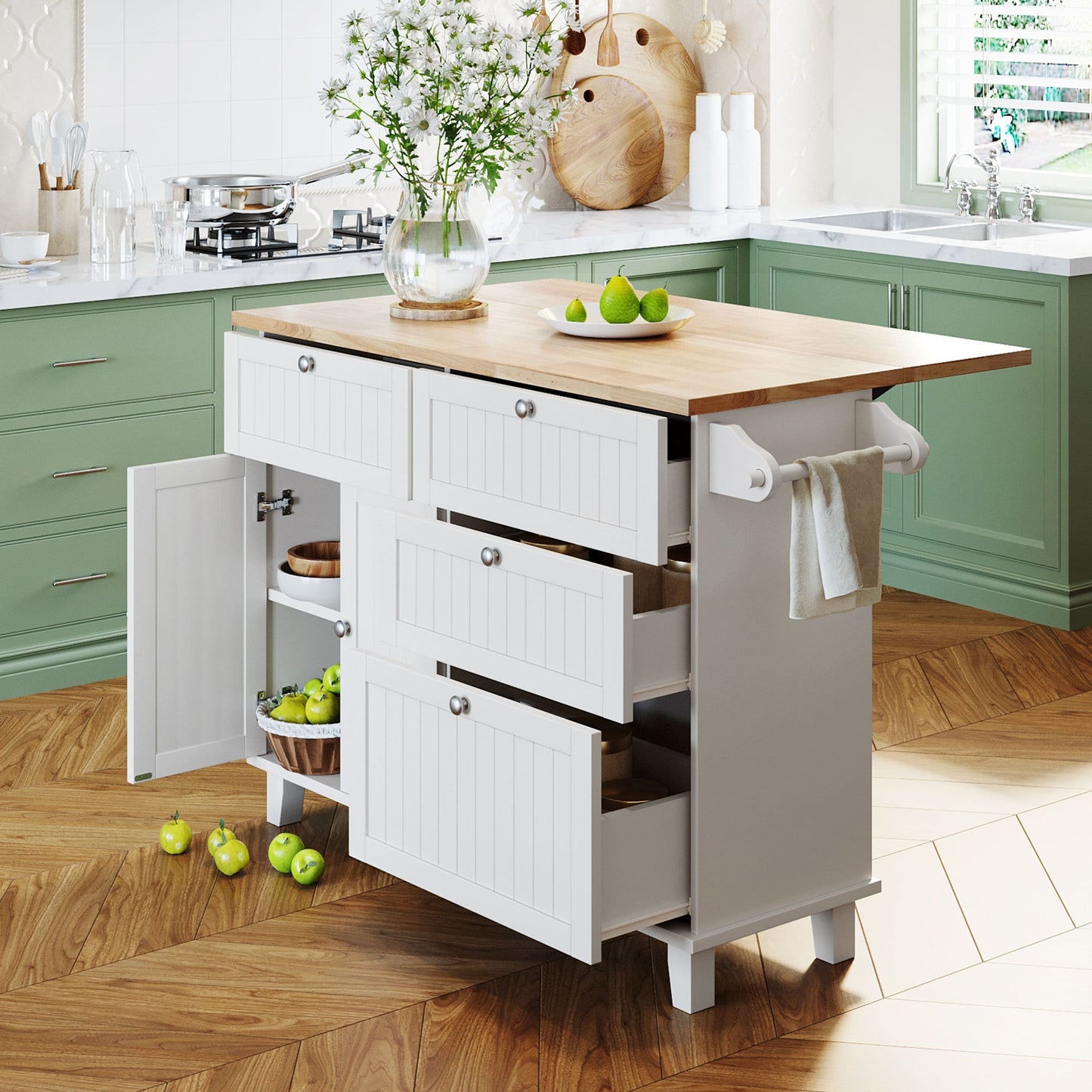 TOPMAX Farmhouse Kitchen Island Set with Drop Leaf and 2 Seatings,Dining Table Set with Storage Cabinet, Drawers and Towel Rack, White+Rustic Brown - 1st Choice Furniture Direct