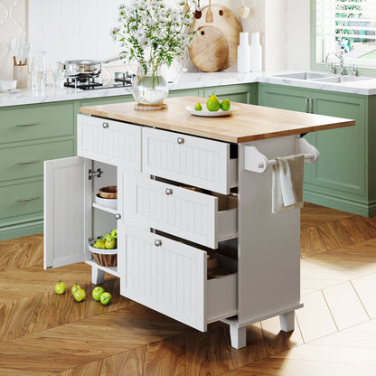 TOPMAX Farmhouse Kitchen Island Set with Drop Leaf and 2 Seatings,Dining Table Set with Storage Cabinet, Drawers and Towel Rack, White+Rustic Brown - 1st Choice Furniture Direct