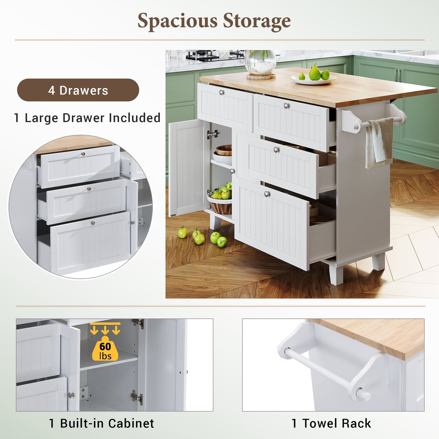 TOPMAX Farmhouse Kitchen Island Set with Drop Leaf and 2 Seatings,Dining Table Set with Storage Cabinet, Drawers and Towel Rack, White+Rustic Brown - 1st Choice Furniture Direct