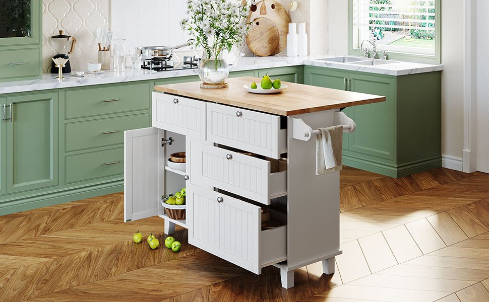 TOPMAX Farmhouse Kitchen Island Set with Drop Leaf and 2 Seatings,Dining Table Set with Storage Cabinet, Drawers and Towel Rack, White+Rustic Brown - 1st Choice Furniture Direct