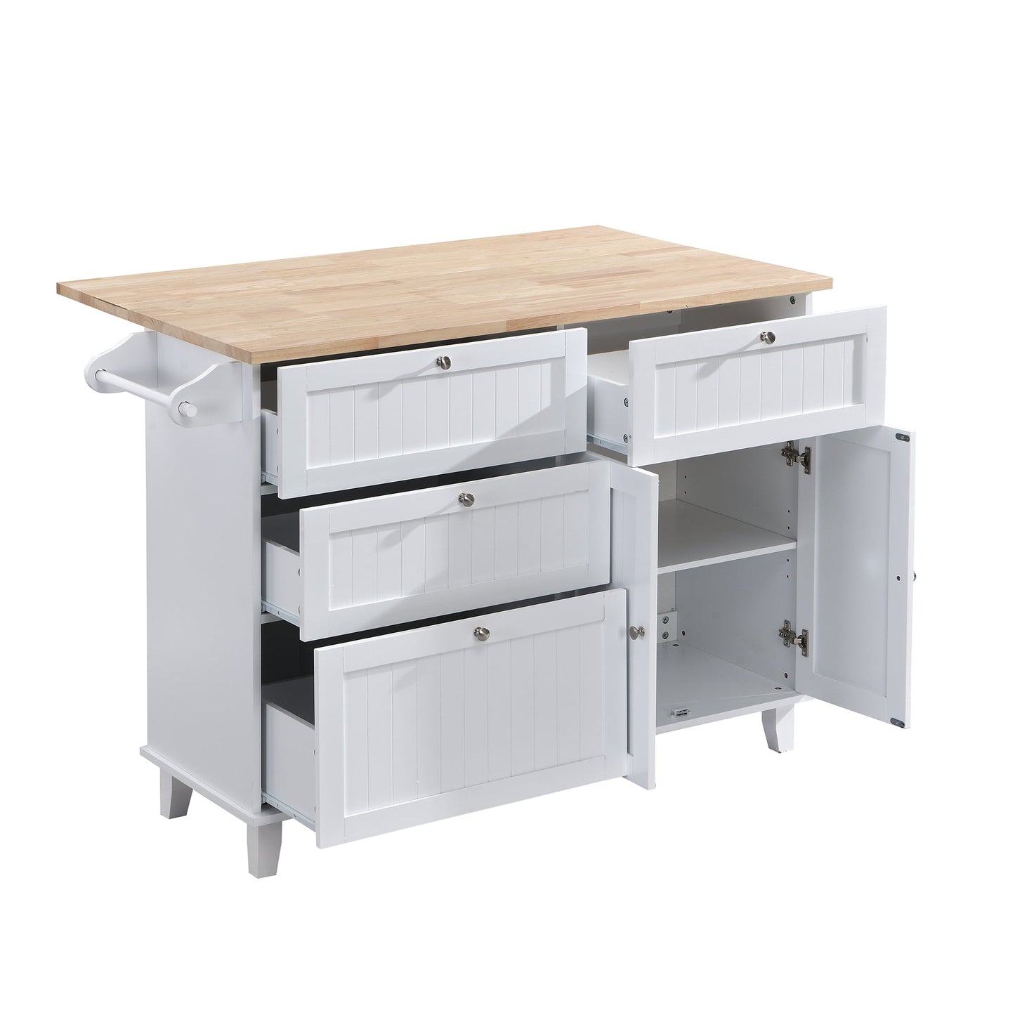 TOPMAX Farmhouse Kitchen Island Set with Drop Leaf and 2 Seatings,Dining Table Set with Storage Cabinet, Drawers and Towel Rack, White+Rustic Brown - 1st Choice Furniture Direct
