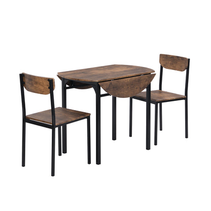 TOPMAX Modern 3-Piece Round Dining Table Set with Drop Leaf and 2 Chairs for Small Places,Black Frame+Rustic Brown Finish - 1st Choice Furniture Direct