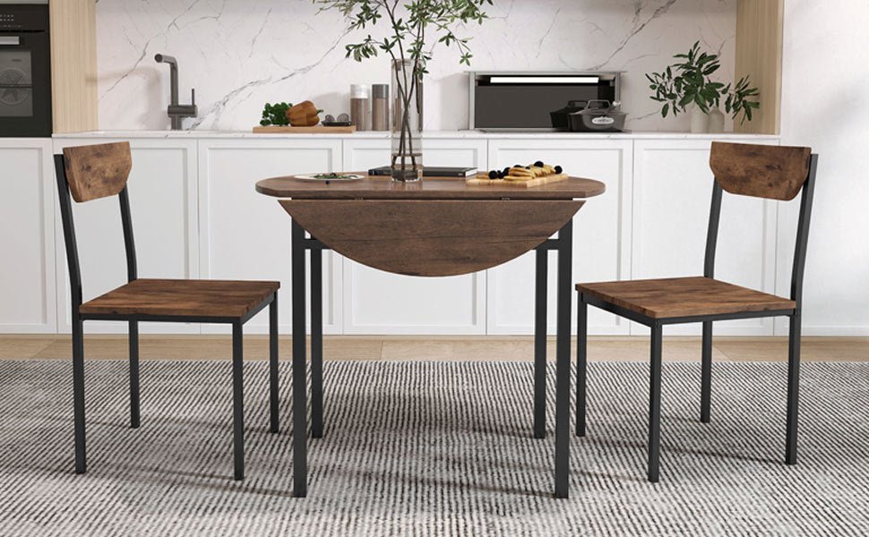 TOPMAX Modern 3-Piece Round Dining Table Set with Drop Leaf and 2 Chairs for Small Places,Black Frame+Rustic Brown Finish - 1st Choice Furniture Direct