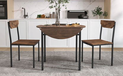 TOPMAX Modern 3-Piece Round Dining Table Set with Drop Leaf and 2 Chairs for Small Places,Black Frame+Rustic Brown Finish - 1st Choice Furniture Direct