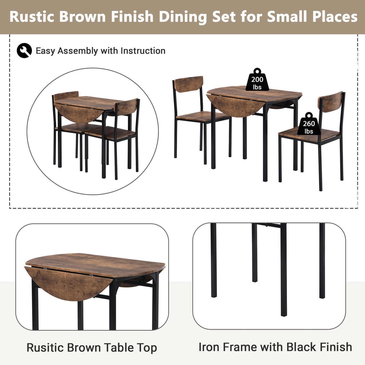 TOPMAX Modern 3-Piece Round Dining Table Set with Drop Leaf and 2 Chairs for Small Places,Black Frame+Rustic Brown Finish - 1st Choice Furniture Direct