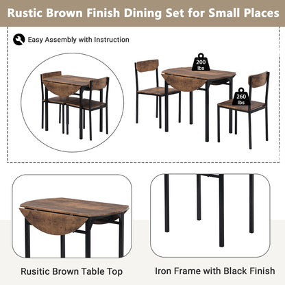TOPMAX Modern 3-Piece Round Dining Table Set with Drop Leaf and 2 Chairs for Small Places,Black Frame+Rustic Brown Finish - 1st Choice Furniture Direct