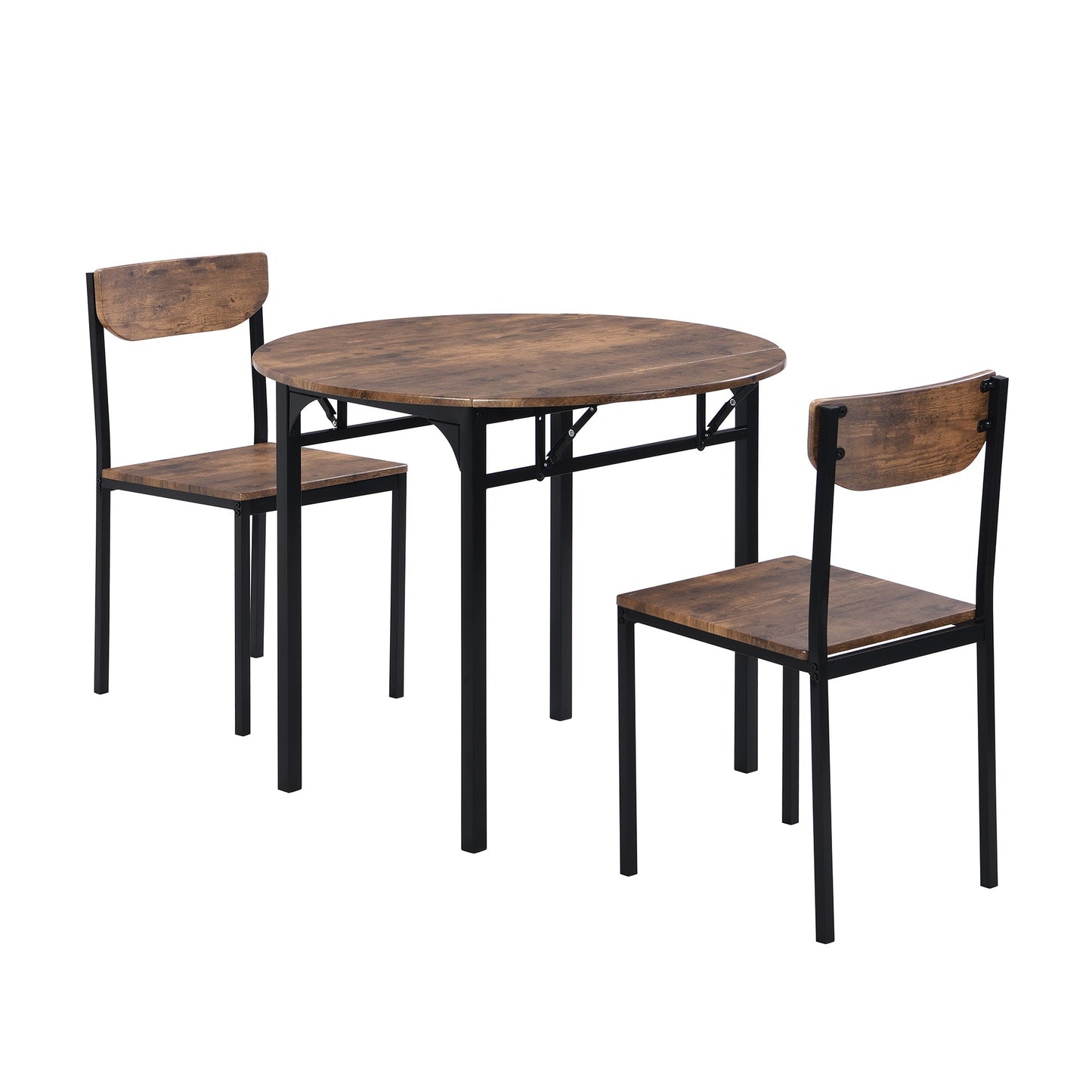 TOPMAX Modern 3-Piece Round Dining Table Set with Drop Leaf and 2 Chairs for Small Places,Black Frame+Rustic Brown Finish - 1st Choice Furniture Direct