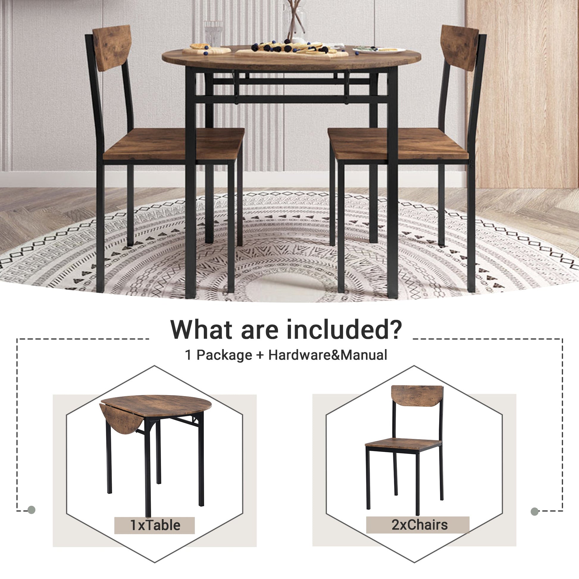 TOPMAX Modern 3-Piece Round Dining Table Set with Drop Leaf and 2 Chairs for Small Places,Black Frame+Rustic Brown Finish - 1st Choice Furniture Direct