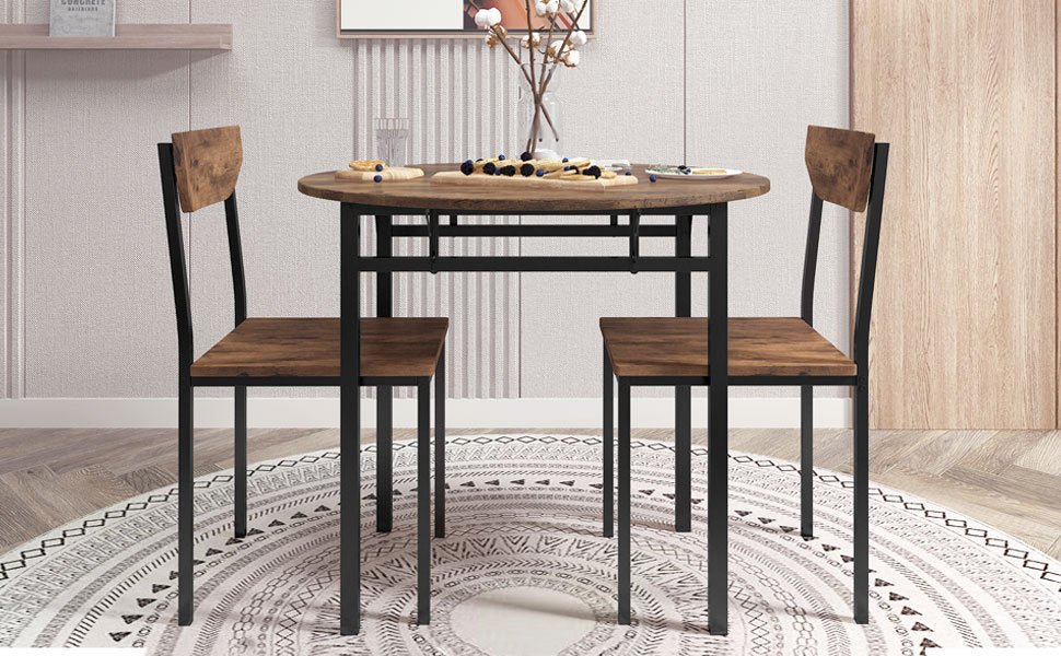 TOPMAX Modern 3-Piece Round Dining Table Set with Drop Leaf and 2 Chairs for Small Places,Black Frame+Rustic Brown Finish - 1st Choice Furniture Direct