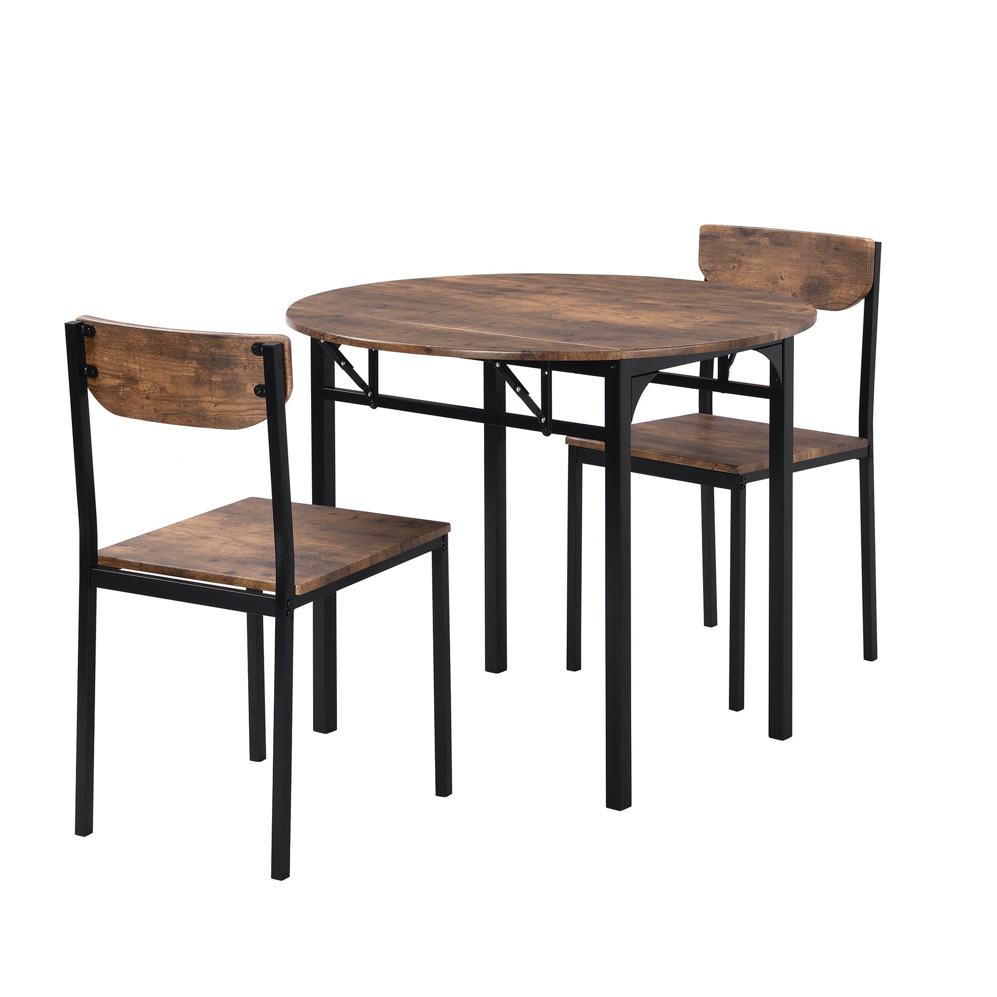 TOPMAX Modern 3-Piece Round Dining Table Set with Drop Leaf and 2 Chairs for Small Places,Black Frame+Rustic Brown Finish - 1st Choice Furniture Direct