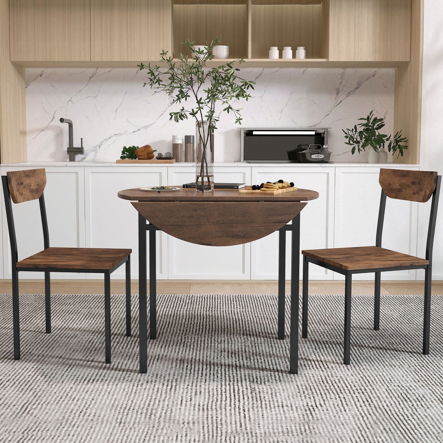 TOPMAX Modern 3-Piece Round Dining Table Set with Drop Leaf and 2 Chairs for Small Places,Black Frame+Rustic Brown Finish - 1st Choice Furniture Direct