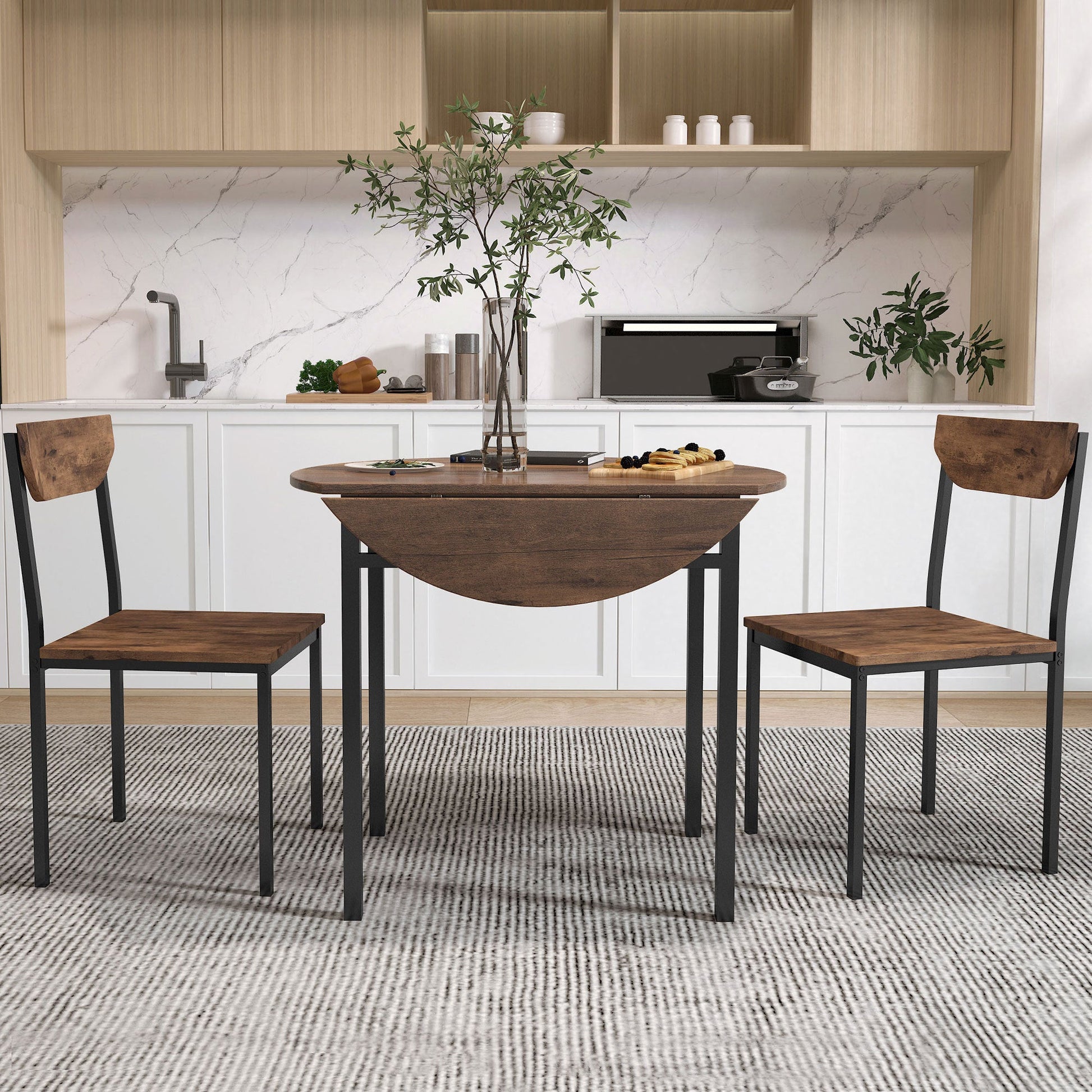 TOPMAX Modern 3-Piece Round Dining Table Set with Drop Leaf and 2 Chairs for Small Places,Black Frame+Rustic Brown Finish - 1st Choice Furniture Direct
