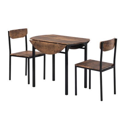 TOPMAX Modern 3-Piece Round Dining Table Set with Drop Leaf and 2 Chairs for Small Places,Black Frame+Rustic Brown Finish - 1st Choice Furniture Direct