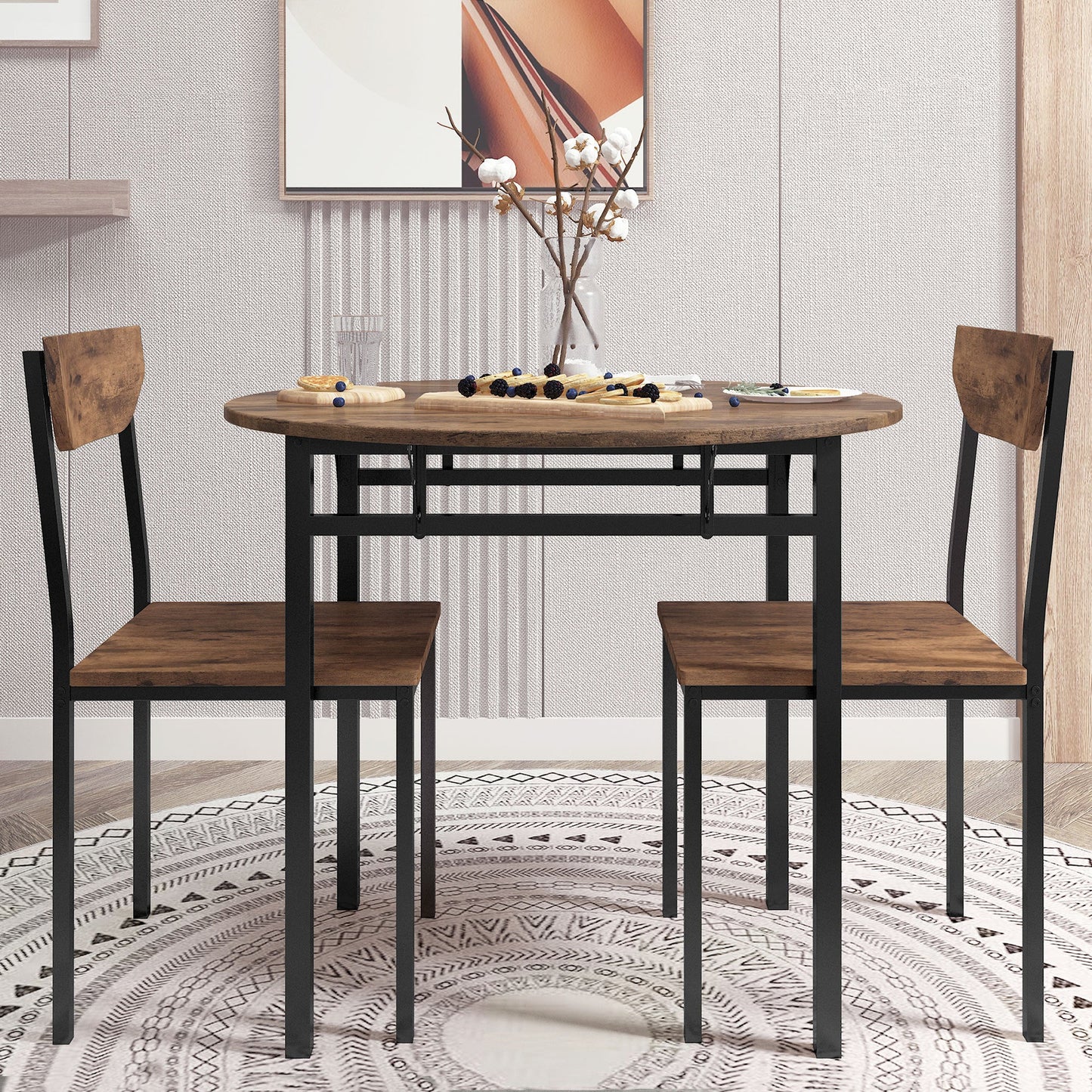 TOPMAX Modern 3 - Piece Round Dining Table Set with Drop Leaf and 2 Chairs for Small Places,Black Frame+Rustic Brown Finish - 1st Choice Furniture Direct