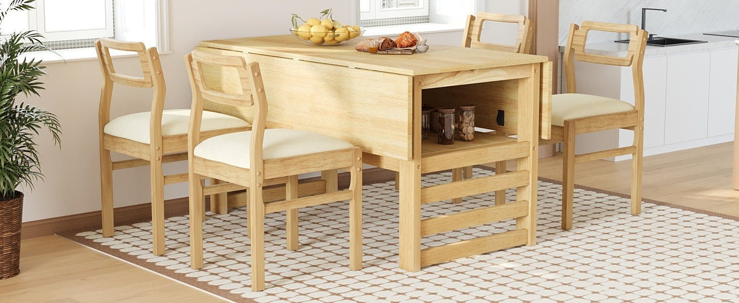 TOPMAX Modern 5 - Piece 47.2'' Extendable Wood Square Dining Table Set with Two 11.8 - inch Drop Leaves, Compact Storage Shelf Kitchen Table Set with Upholstered Chairs for 4, Natural - 1st Choice Furniture Direct