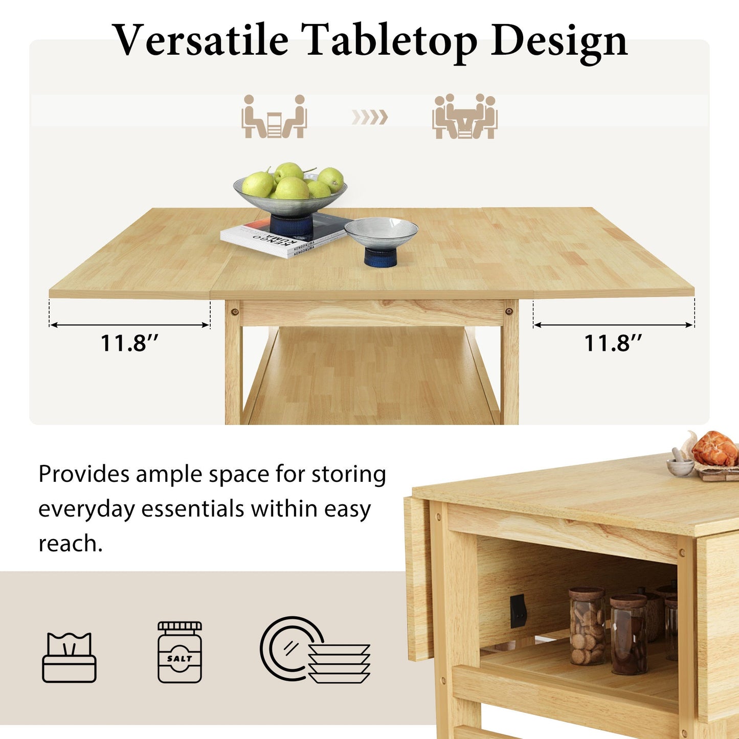 TOPMAX Modern 5 - Piece 47.2'' Extendable Wood Square Dining Table Set with Two 11.8 - inch Drop Leaves, Compact Storage Shelf Kitchen Table Set with Upholstered Chairs for 4, Natural - 1st Choice Furniture Direct