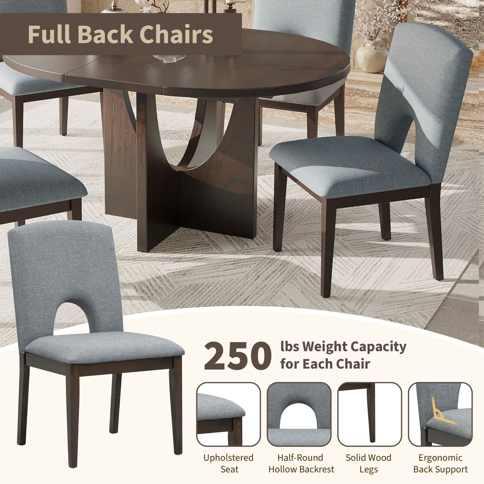 TOPMAX Modern 5-Piece Extendable Round Dining Table Set with Removable Leaf, Espresso+Gray, Solid Wood - 1st Choice Furniture Direct