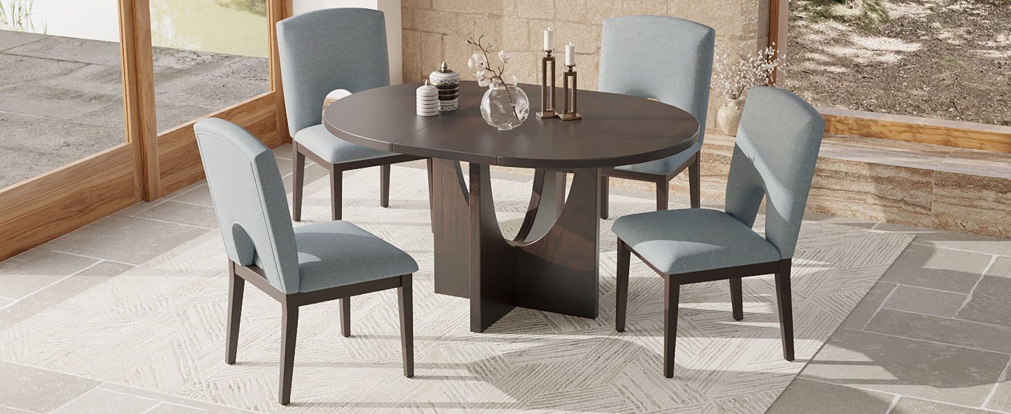 TOPMAX Modern 5-Piece Extendable Round Dining Table Set with Removable Leaf, Espresso+Gray, Solid Wood - 1st Choice Furniture Direct