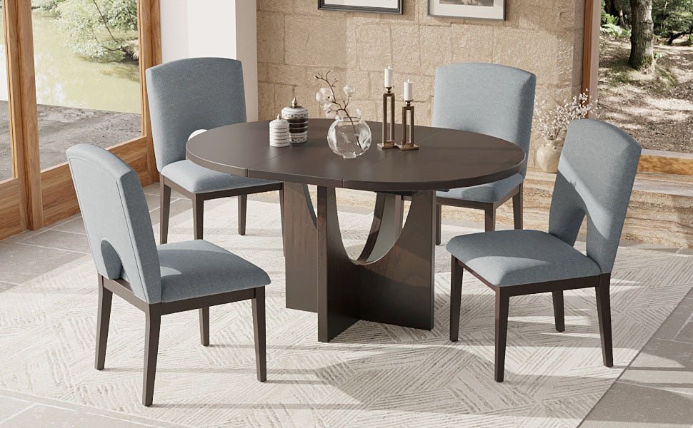 TOPMAX Modern 5-Piece Extendable Round Dining Table Set with Removable Leaf, Espresso+Gray, Solid Wood - 1st Choice Furniture Direct