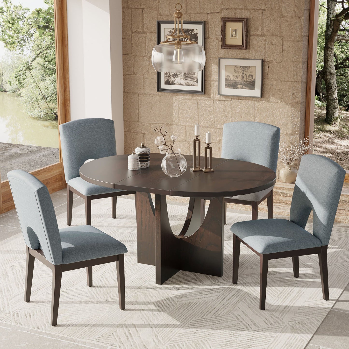 TOPMAX Modern 5-Piece Extendable Round Dining Table Set with Removable Leaf, Espresso+Gray, Solid Wood - 1st Choice Furniture Direct