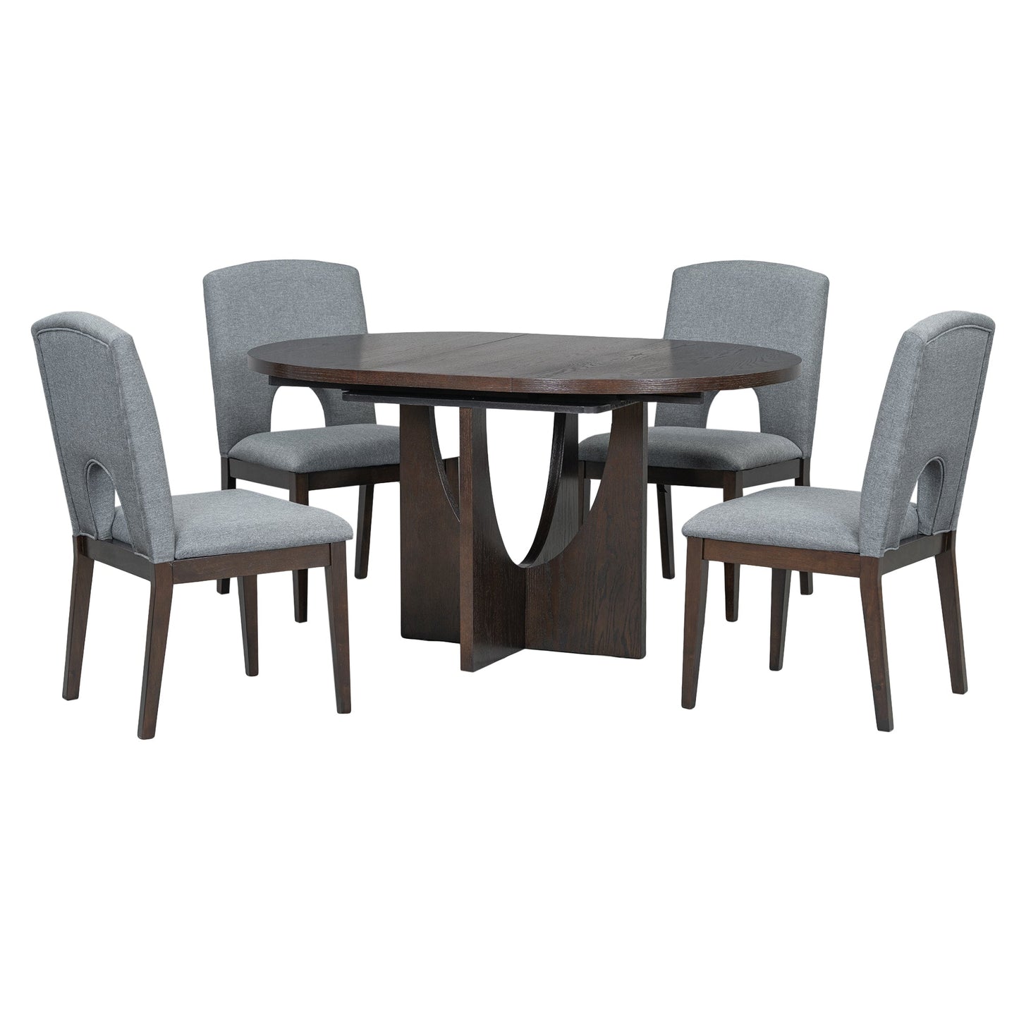 TOPMAX Modern 5-Piece Extendable Round Dining Table Set with Removable Leaf, Espresso+Gray, Solid Wood - 1st Choice Furniture Direct