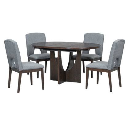 TOPMAX Modern 5-Piece Extendable Round Dining Table Set with Removable Leaf, Espresso+Gray, Solid Wood - 1st Choice Furniture Direct