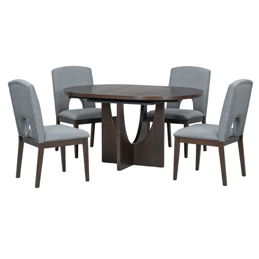 TOPMAX Modern 5-Piece Extendable Round Dining Table Set with Removable Leaf, Espresso+Gray, Solid Wood - 1st Choice Furniture Direct