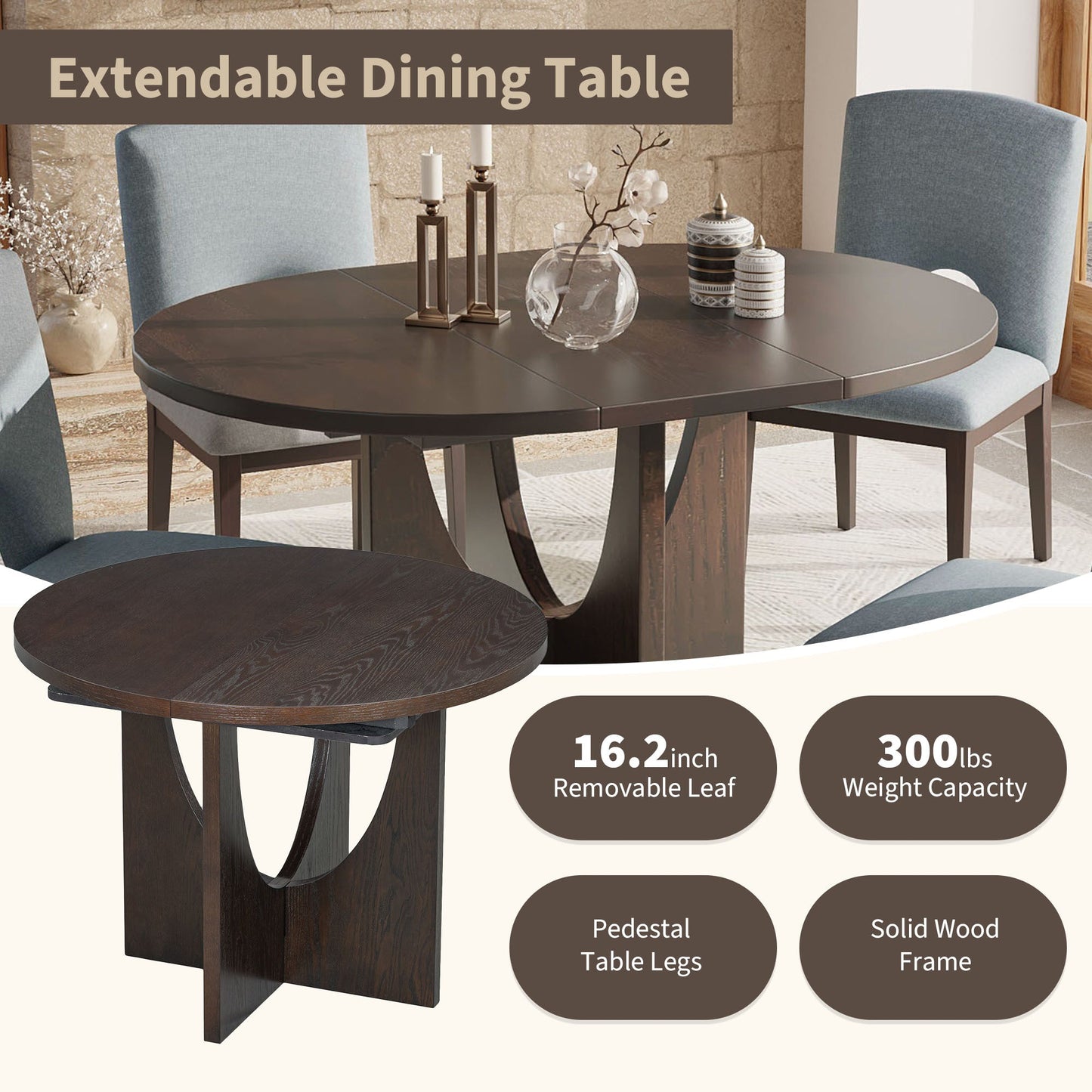TOPMAX Modern 5-Piece Extendable Round Dining Table Set with Removable Leaf, Espresso+Gray, Solid Wood - 1st Choice Furniture Direct