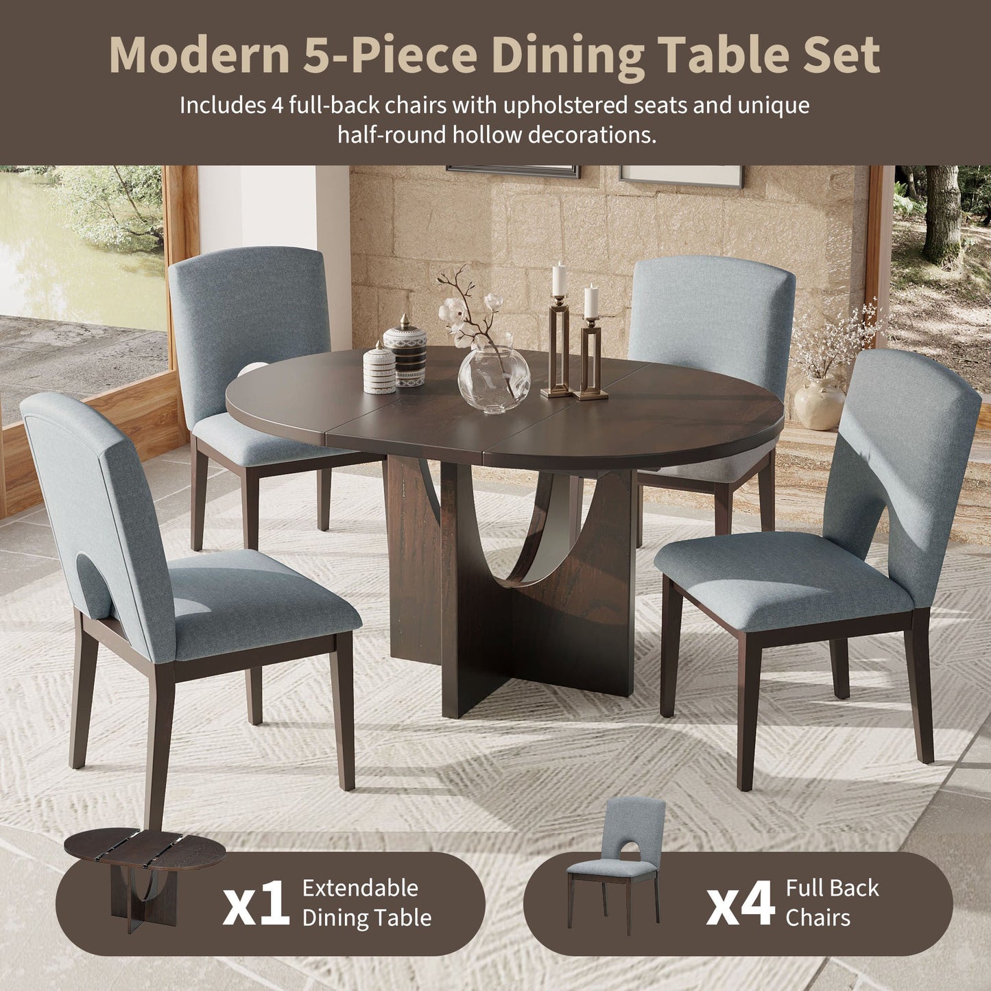TOPMAX Modern 5-Piece Extendable Round Dining Table Set with Removable Leaf, Espresso+Gray, Solid Wood - 1st Choice Furniture Direct