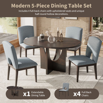 TOPMAX Modern 5-Piece Extendable Round Dining Table Set with Removable Leaf, Espresso+Gray, Solid Wood - 1st Choice Furniture Direct