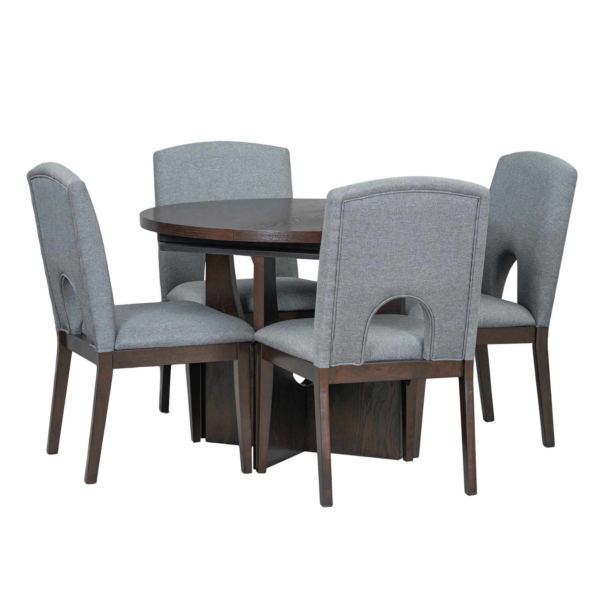 TOPMAX Modern 5-Piece Extendable Round Dining Table Set with Removable Leaf, Espresso+Gray, Solid Wood - 1st Choice Furniture Direct