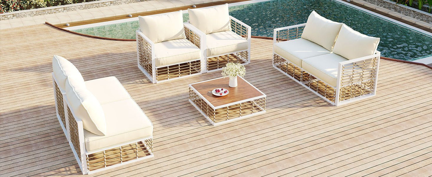 TOPMAX Modern Minimalist 7 - Piece Metal Patio Sectional Sofa Set, All - Weather Garden Conversational Furniture Set with Thick Cushions and Coffee Table for Indoor Outdoor, White - 1st Choice Furniture Direct