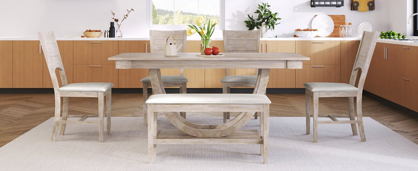 TOPMAX Modern Style Natural Wood 6 - Piece Dining Table Set with Bench and Chairs, Upholstered Seats, Rubberwood Frame - 1st Choice Furniture Direct
