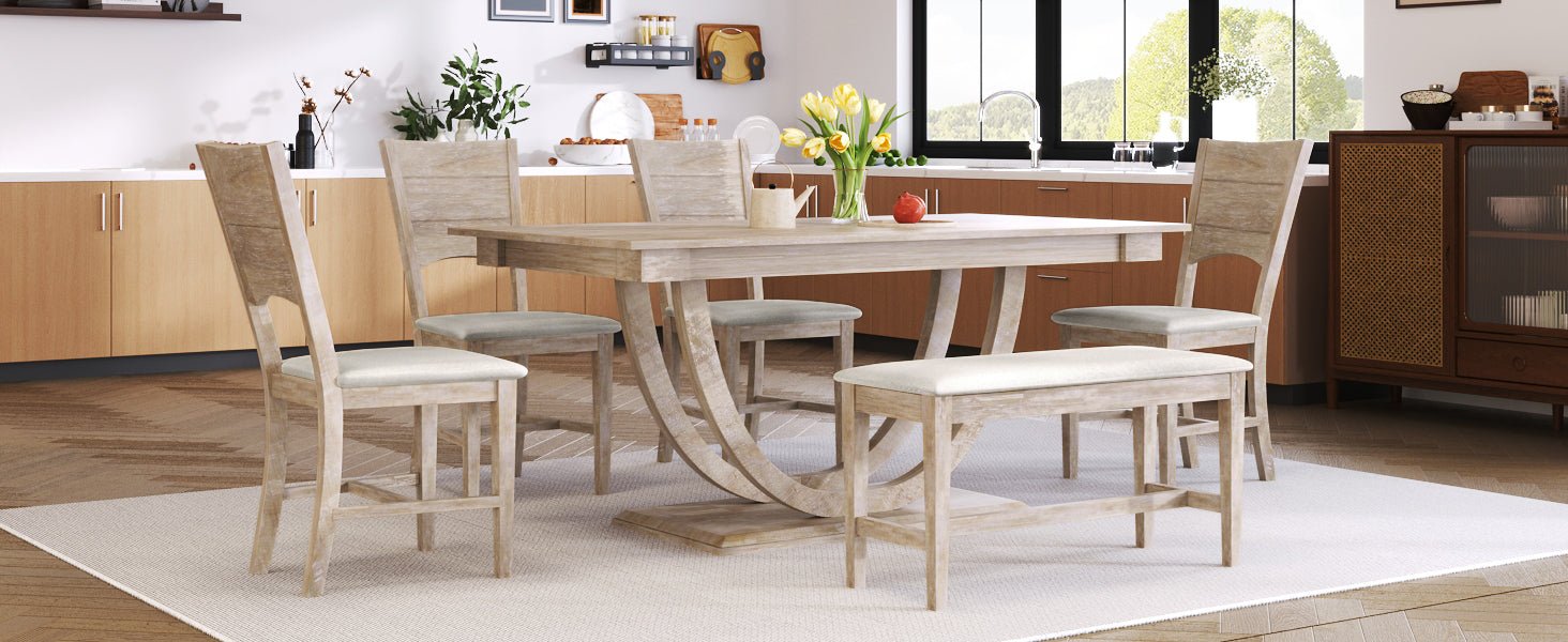 TOPMAX Modern Style Natural Wood 6 - Piece Dining Table Set with Bench and Chairs, Upholstered Seats, Rubberwood Frame - 1st Choice Furniture Direct